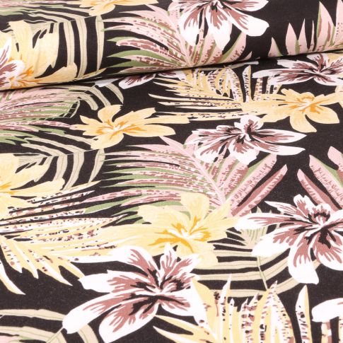 Tissu Jersey Viscose  Feuilles tropicales colorées sur fond Noir