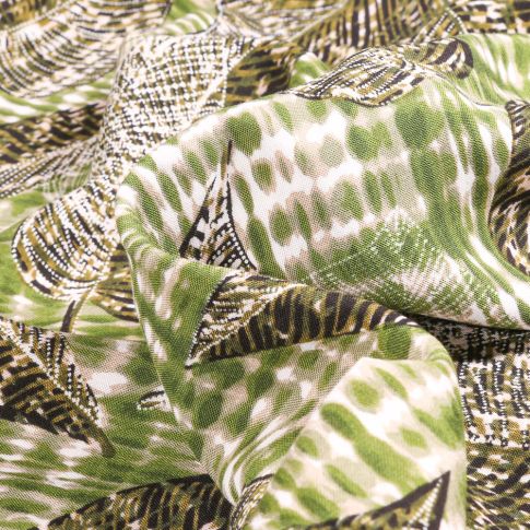 Tissu Viscose légère Plumes et feuilles Taupe sur fond Vert