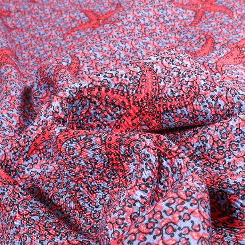 Tissu Viscose légère Etoile de mer Rouge sur fond Bleu clair