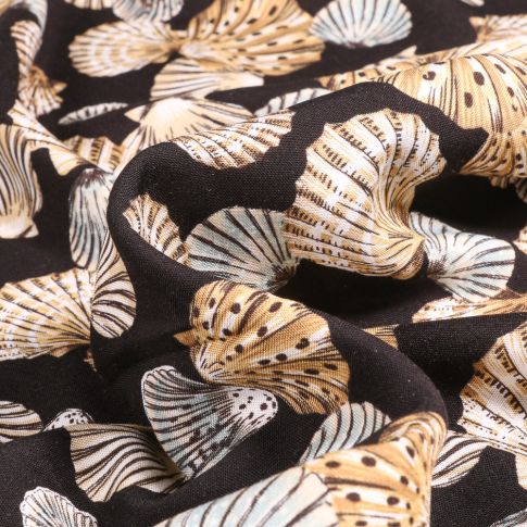 Tissu Viscose légère Coquille Saint-Jacques sur fond Noir