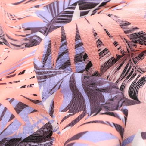 Tissu Viscose légère Plume et Jungle Rose et mauve sur fond Violet