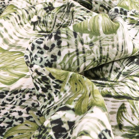 Tissu Viscose aspect lin Feuille monstera Vert sur fond Blanc