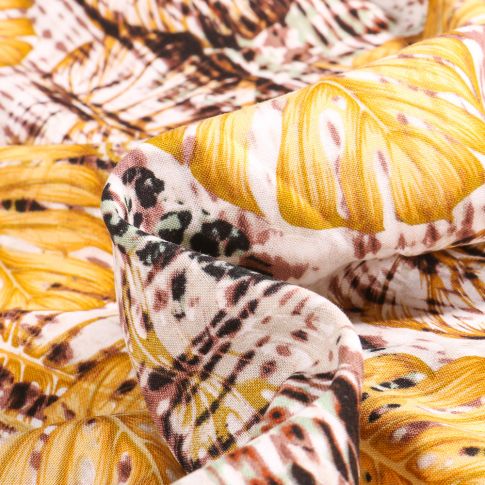 Tissu Viscose aspect lin Feuille monstera Jaune sur fond Blanc