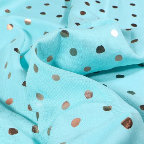 Tissu Viscose légère Pois métallisés rose gold sur fond Bleu turquoise