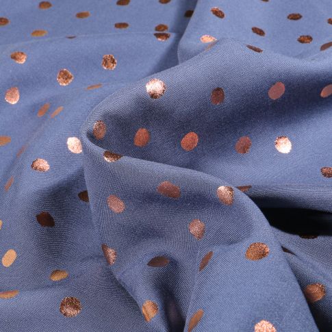 Tissu Viscose légère Pois métallisés rose gold sur fond Bleu marine