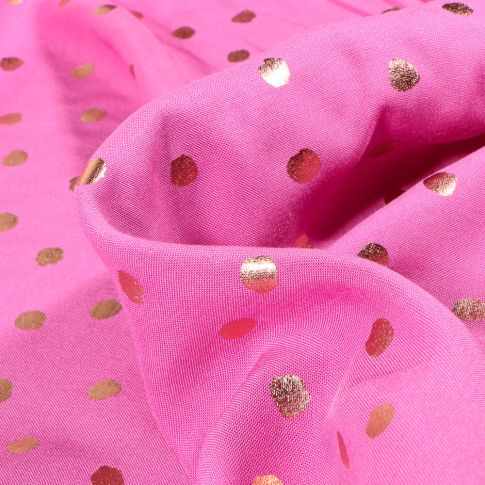 Tissu Viscose légère Pois métallisés rose gold sur fond Rose fuchsia
