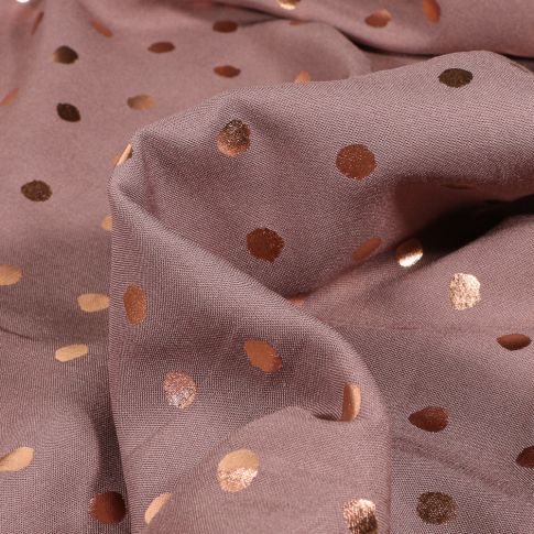 Tissu Viscose légère Pois métallisés rose gold sur fond Marron