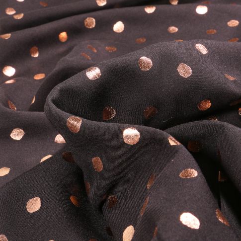 Tissu Viscose légère Pois métallisés rose gold sur fond Noir
