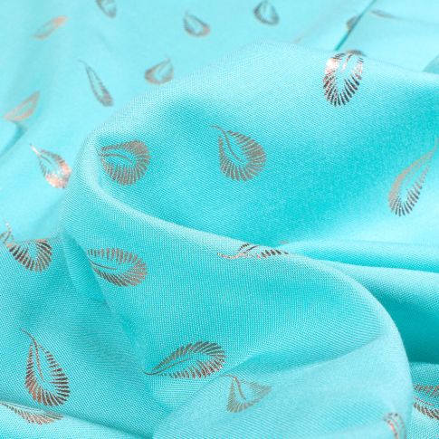 Tissu Viscose légère Plumes métallisées sur fond Bleu turquoise