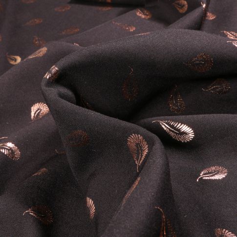 Tissu Viscose légère Plumes métallisées sur fond Noir