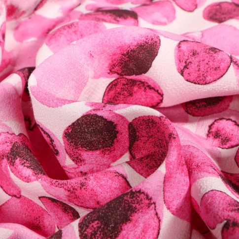 Tissu Crêpe marocain Bulles rose sur fond Blanc