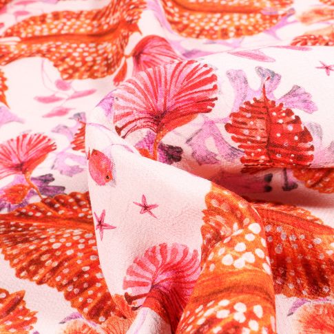 Tissu Crêpe marocain Grandes fleurs Oranges sur fond Blanc