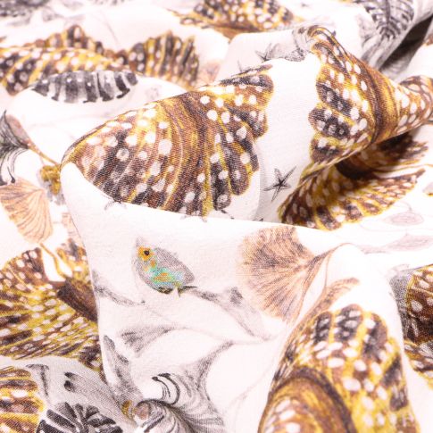 Tissu Crêpe marocain Grandes fleurs Taupes sur fond Blanc