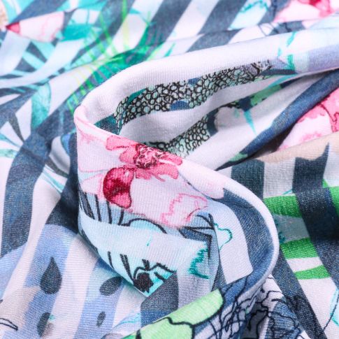 Tissu Jersey Viscose Fleurs tropicales et rayures sur fond Blanc