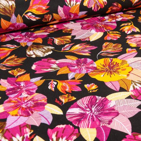 Tissu Viscose Twill  Pensée striée sur fond Noir