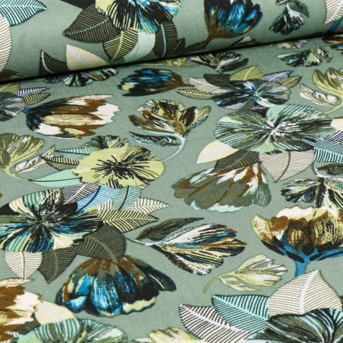 Tissu Viscose Twill  Pensée striée sur fond Vert menthe