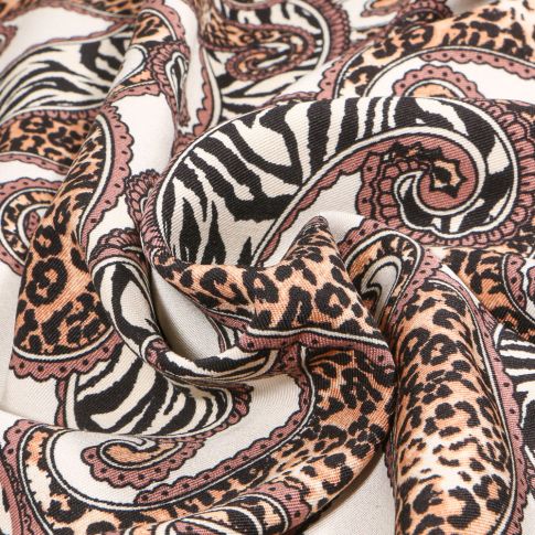 Tissu Viscose Twill Paisley animals sur fond Blanc cassé