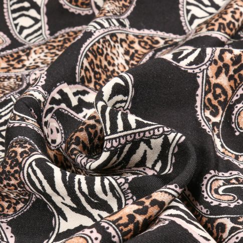 Tissu Viscose Twill Paisley animals sur fond Noir