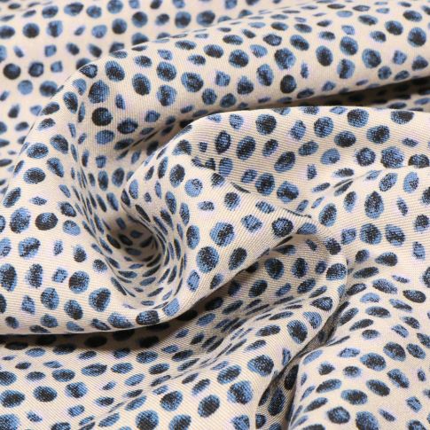 Tissu Viscose Twill Small dots bleu sur fond Blanc cassé