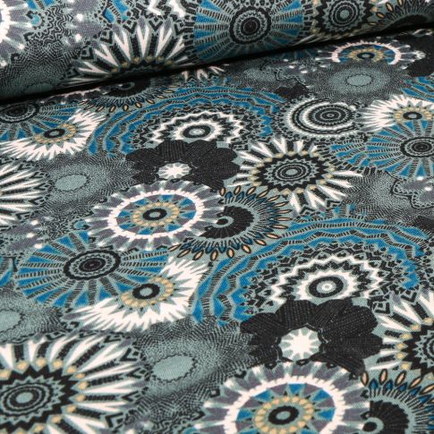 Tissu Jersey Viscose  Fantasia sur fond Bleu pétrole