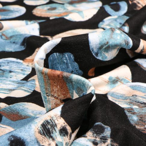 Tissu Jersey Viscose  Planète bleu sur fond Noir