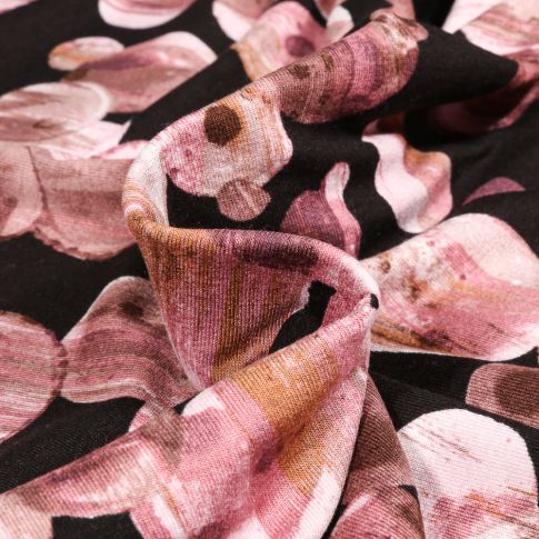 Tissu Jersey Viscose  Planète rose sur fond Noir
