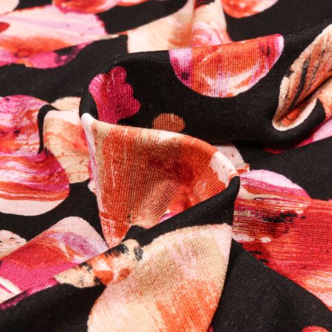 Tissu Jersey Viscose  Planète rouge sur fond Noir