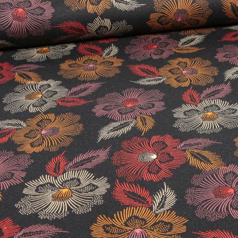 Tissu Jersey Viscose  Hibiss rouge sur fond Noir