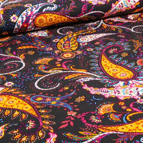 Tissu Viscose Twill extensible Paisley color sur fond Noir