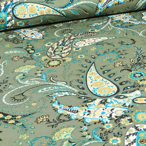Tissu Viscose Twill extensible Paisley color sur fond Vert menthe