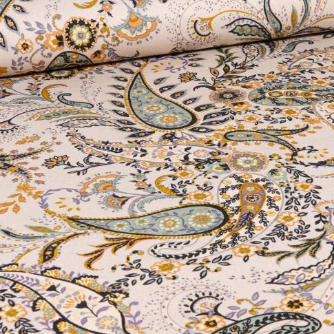 Tissu Viscose Twill extensible Paisley color sur fond Beige
