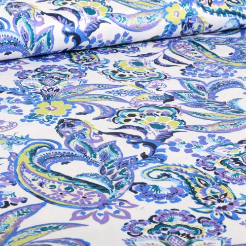 Tissu Coton Satiné extensible Paisley Flowers bleu sur fond Blanc