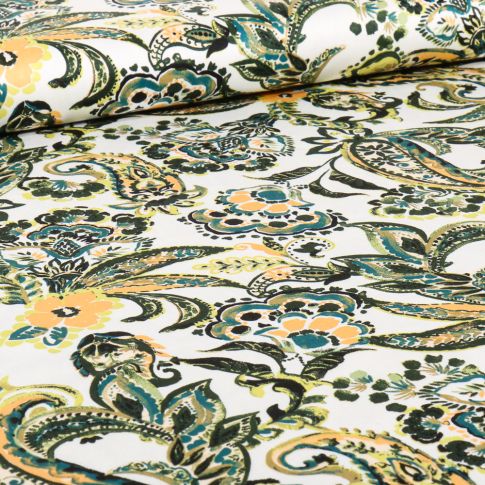Tissu Coton Satiné extensible Paisley Flowers vert sur fond Blanc