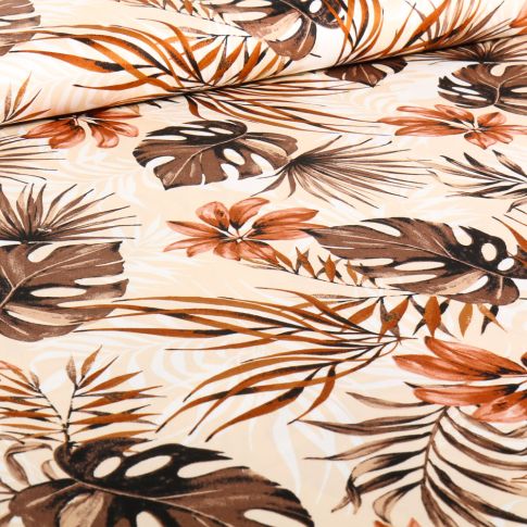 Tissu Coton Satiné extensible Palmy marron sur fond Ecru