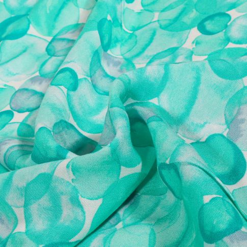 Tissu Viscose  Chally Pétals turquoise sur fond Blanc