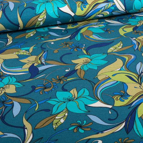 Tissu Jersey Viscose  Agneta sur fond Bleu canard
