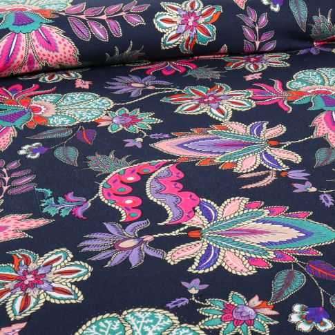 Tissu Jersey Viscose  Esmé sur fond Bleu marine