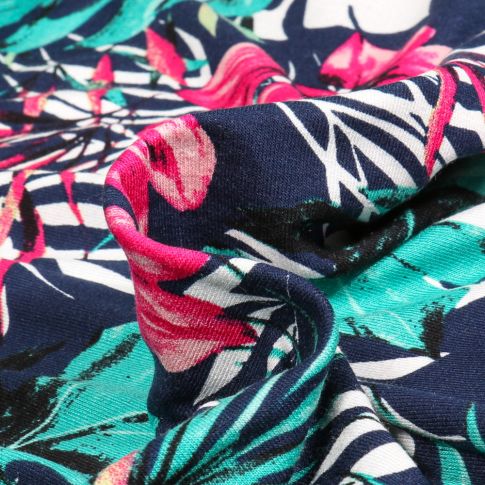 Tissu Jersey Viscose  Tropik sur fond Bleu marine