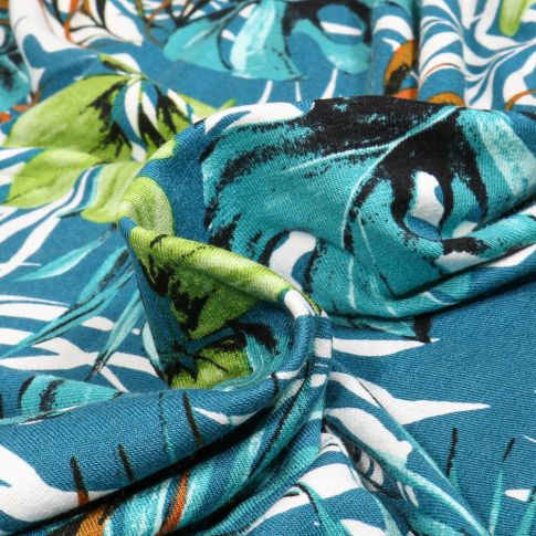 Tissu Jersey Viscose  Tropik sur fond Bleu turquoise