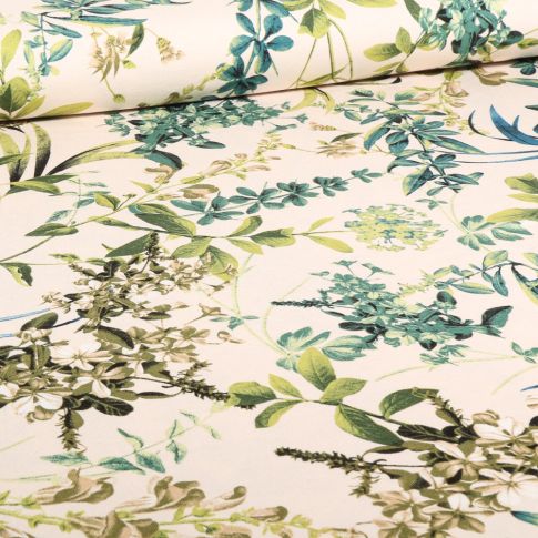 Tissu Jersey Viscose  Göta vert sur fond Ecru