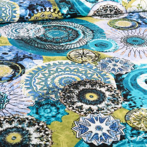 Tissu Viscose Chally Erika bleu sur fond Blanc