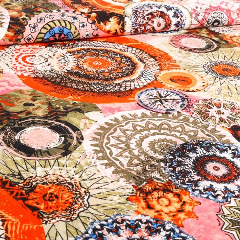 Tissu Viscose Chally Viscose Orange sur fond Ecru