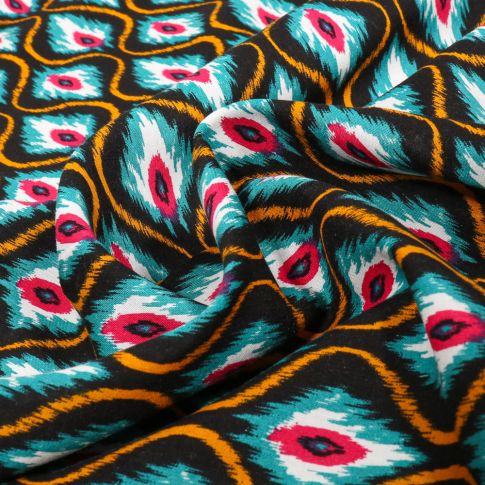 Tissu Voile de Viscose et Coton Ethny turquoise sur fond Noir