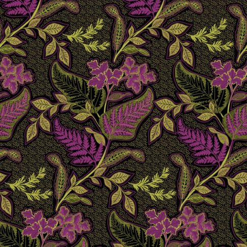 Tissu Jersey Viscose  Fleuris violet sur fond Vert anis