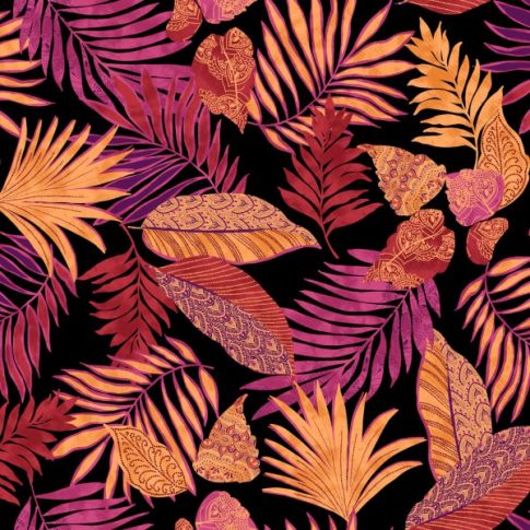 Tissu Jersey Viscose  Leaves Corail sur fond Noir