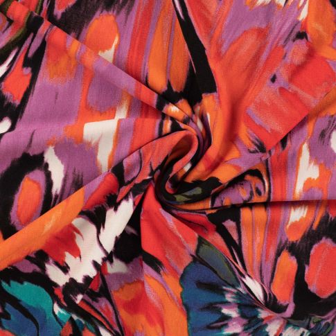 Tissu Jersey Viscose imprimé Butterfly tie and dye sur fond Rouge