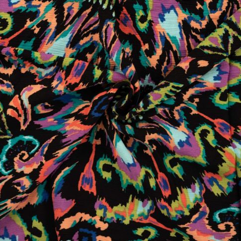 Tissu Crépon Viscose butterflies colorés sur fond Noir