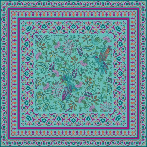 Panneau Voile de Viscose Colibris Turquoise - 140 x 140 cm