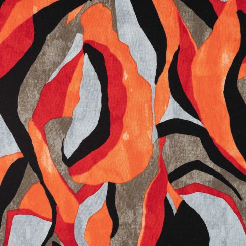 Tissu Jersey Viscose imprimé motif abstrait orange sur fond Noir