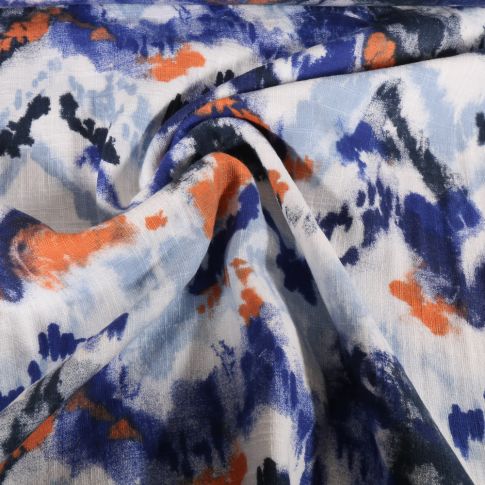 Tissu Double gaze Wave Bleu sur fond Blanc